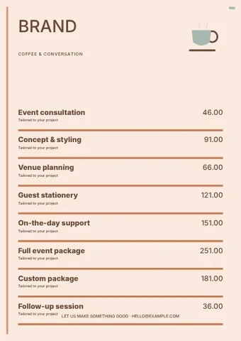 Coffee & conversation · Terrace 2 price list template