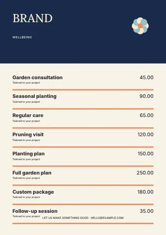 Wellbeing · Studio price list template
