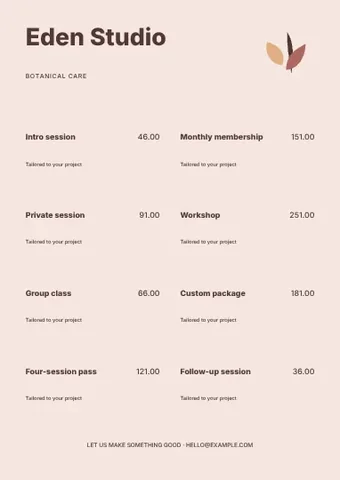 Botanical care · Orbit 2 price list template