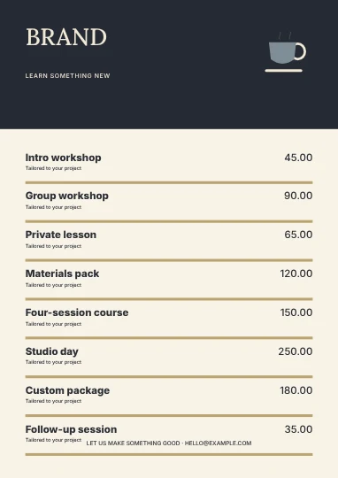 Workshops · Elegant price list template