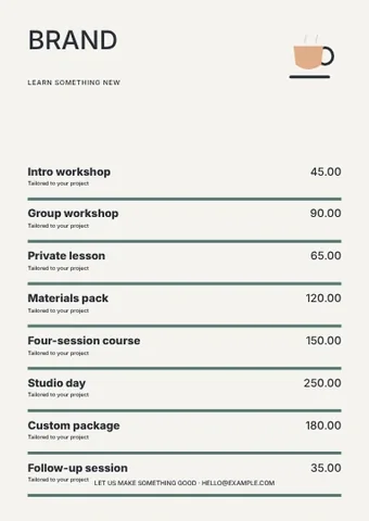 Workshops · Minimal price list template