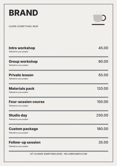 Workshops · Monochrome price list template