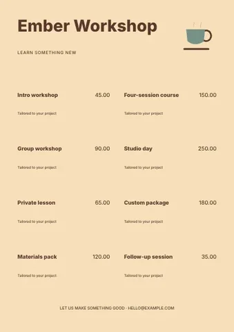 Workshops · Retro price list template