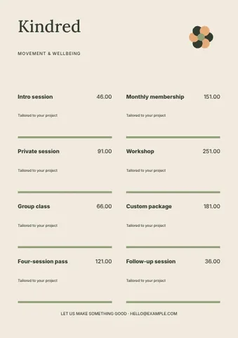 Wellness · Editorial price list template