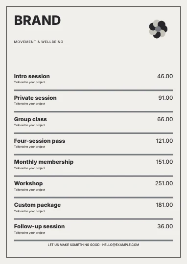 Wellness · Monochrome price list template