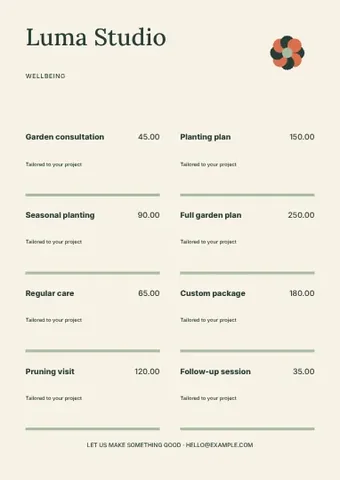 Wellbeing · Contour price list template