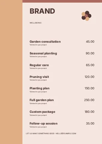 Wellbeing · Frame price list template