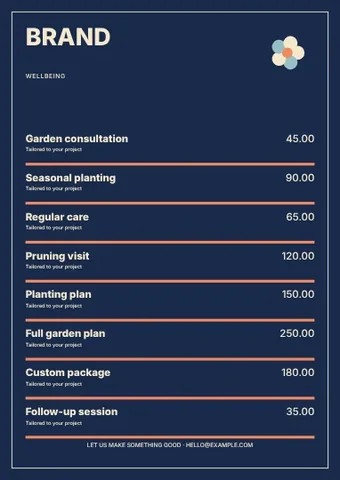 Wellbeing · Spectrum price list template