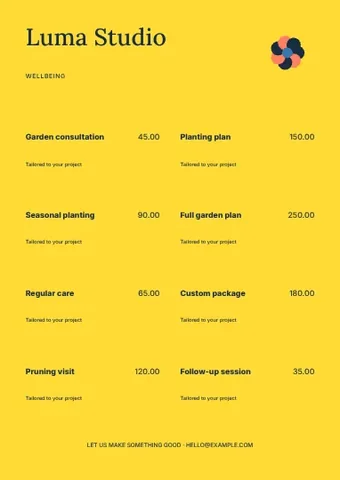 Wellbeing · Stencil price list template