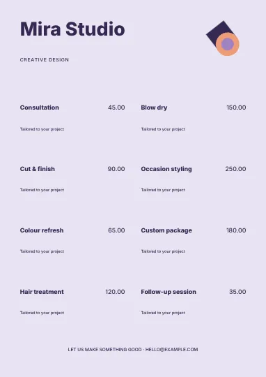 Creative design · Orbit price list template