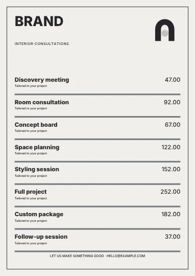 Interiors · Monochrome price list template