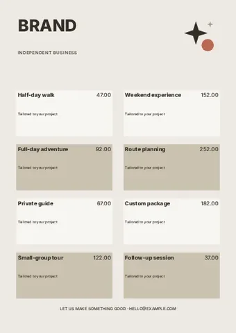 Independent business · Typographic price list template