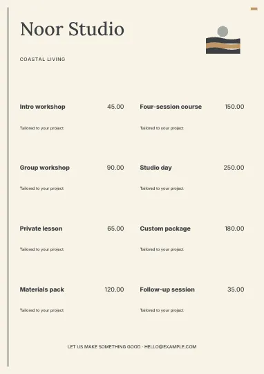 Coastal living · Signal price list template