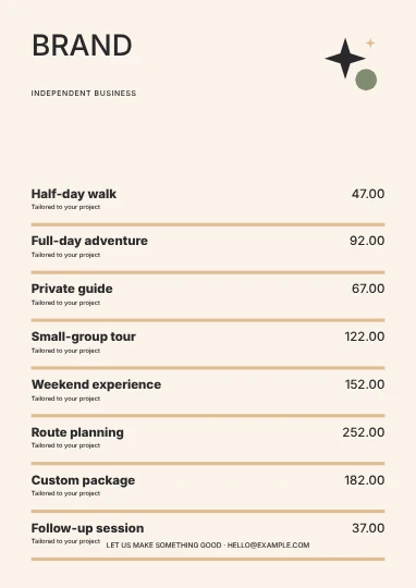 Independent business · Gallery price list template
