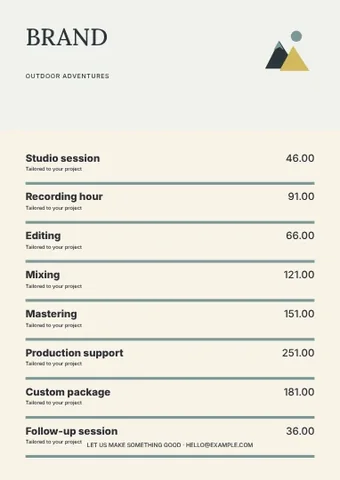 Outdoor adventures · Studio price list template