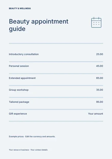 Beauty appointment guide · Editorial price list template