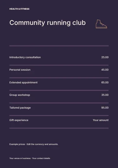 Community running club · Editorial price list template