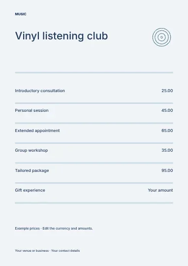 Vinyl listening club · Editorial price list template