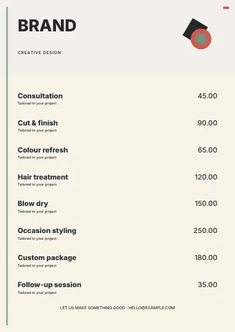 Creative design · Structured price-lists price list template