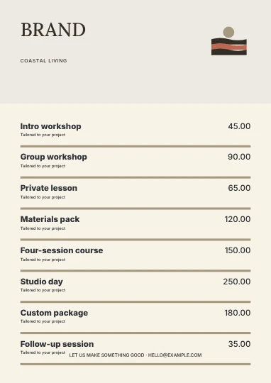 Coastal living · Studio price list template