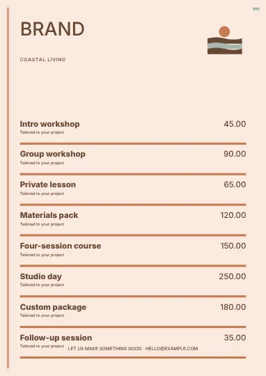 Coastal living · Terrace price list template