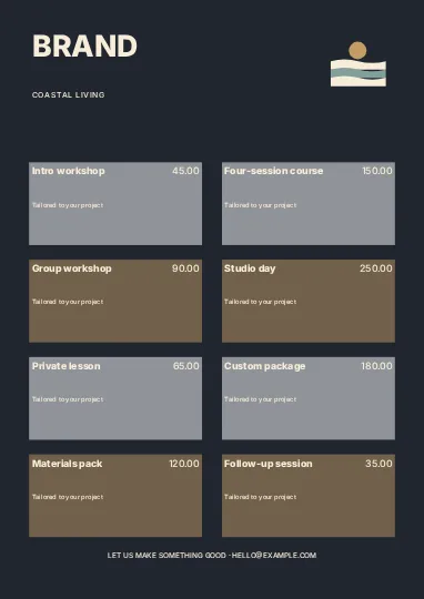 Coastal living · Typographic price list template