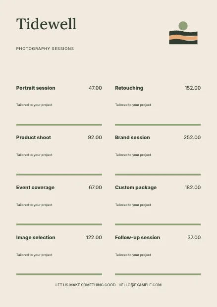 Photography · Editorial price list template
