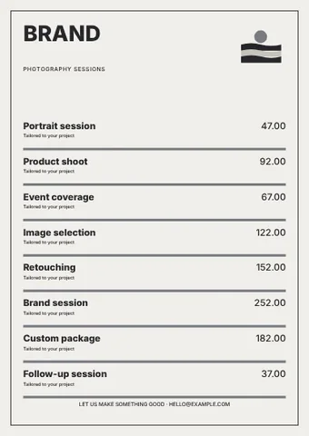 Photography · Monochrome price list template