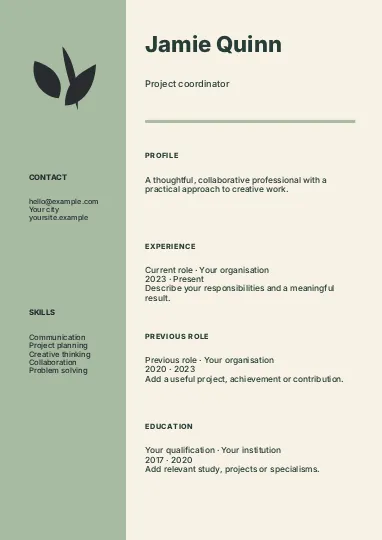 Project coordinator · Contour resume template