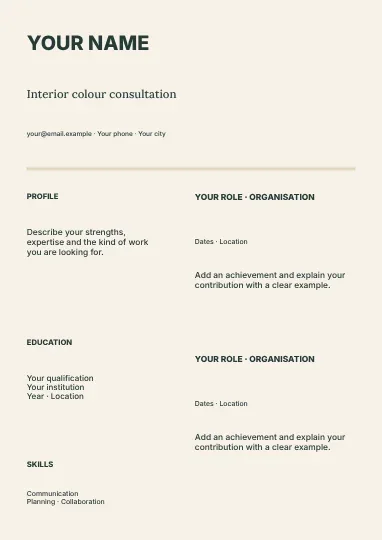 Interior colour consultation · Structured resume template