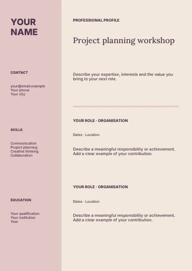 Project planning workshop · Editorial resume template