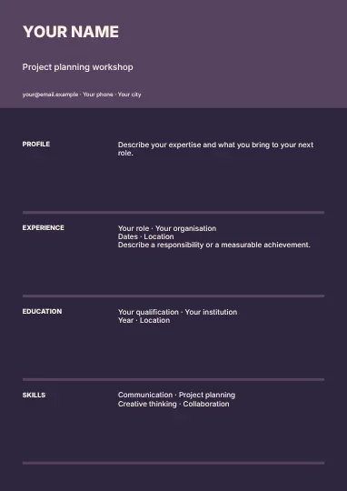 Project planning workshop · Sidebar resume template