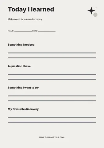 Today I learned · Monochrome worksheet template