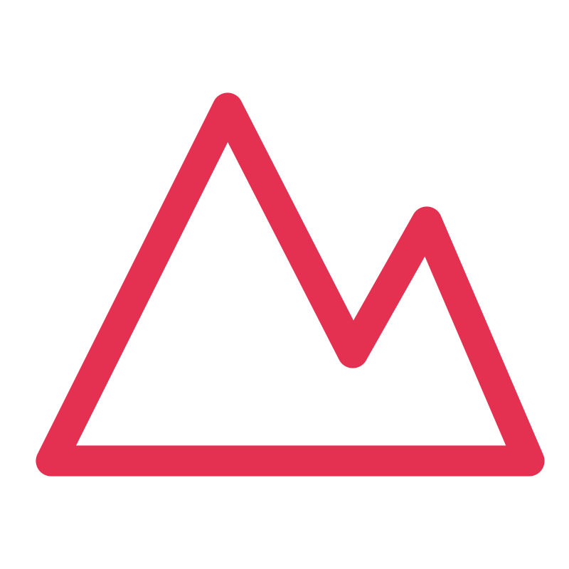 A red outline of two mountain peaks with a horizontal base.