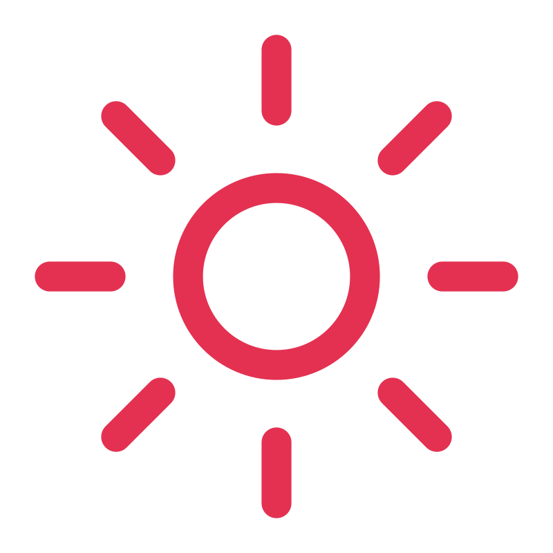 A red circular sun with eight short radiating lines.
