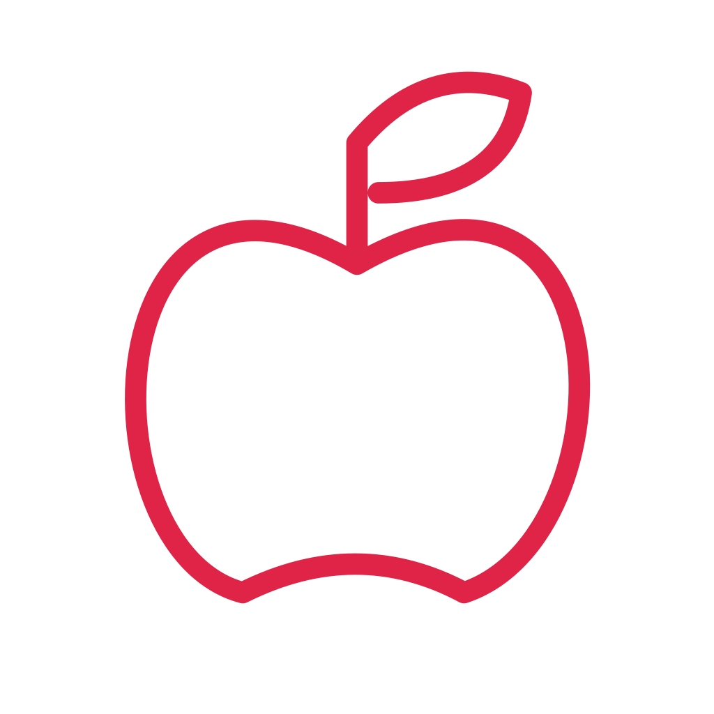 A rounded apple outline has a short stem and one pointed leaf.