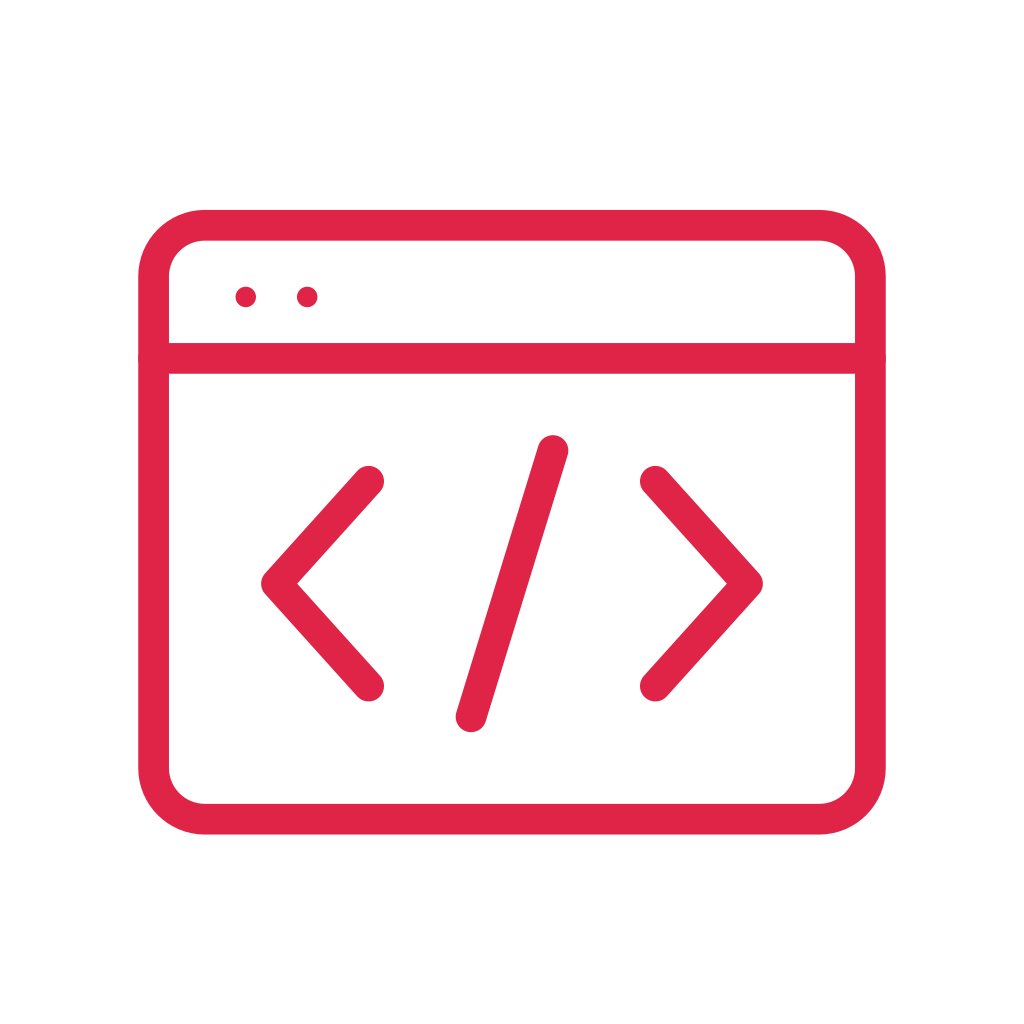 A browser window contains paired chevrons and a diagonal code slash.