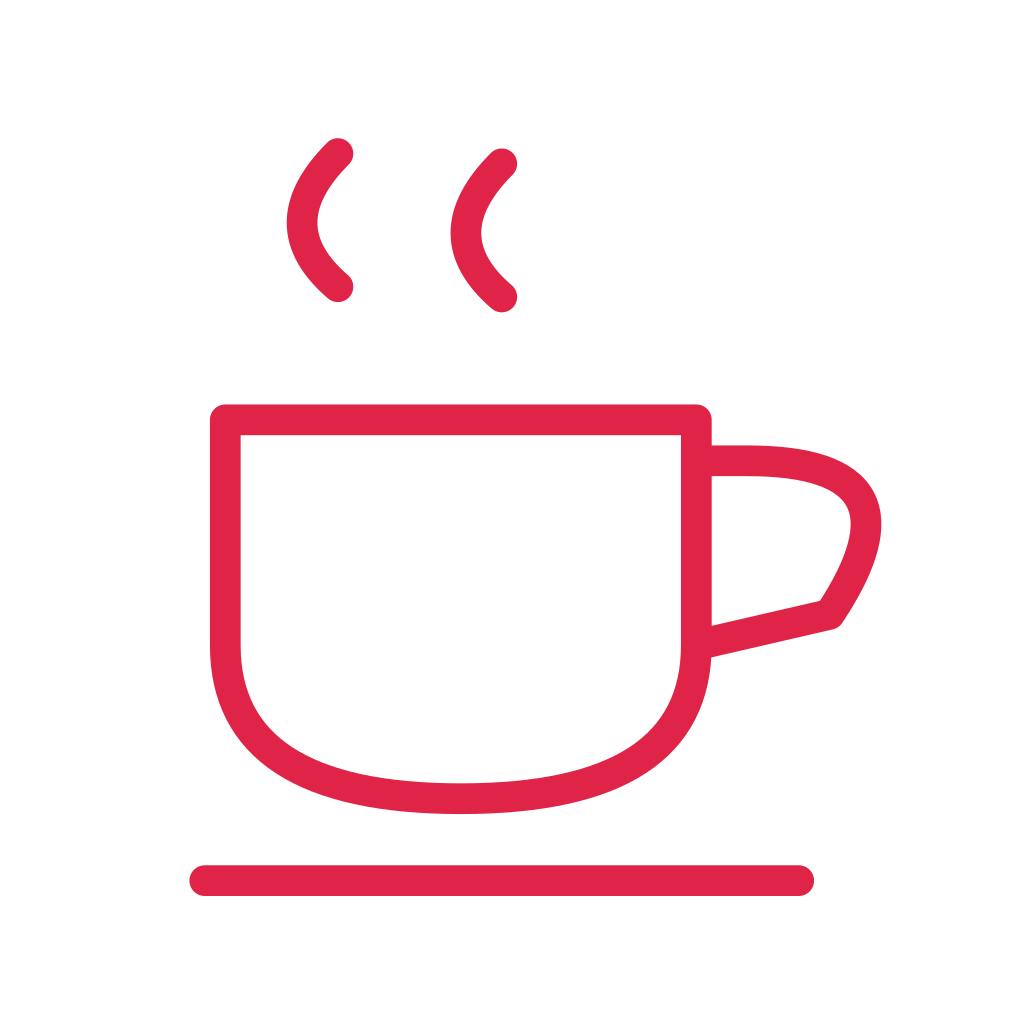 A rounded coffee cup has a side handle, a short saucer and two wisps of steam.