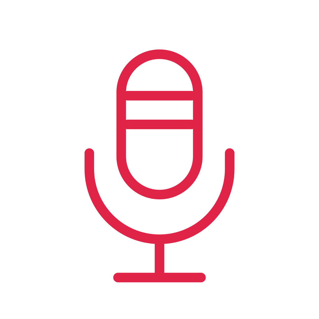 An upright capsule microphone sits in a curved stand with a flat foot.