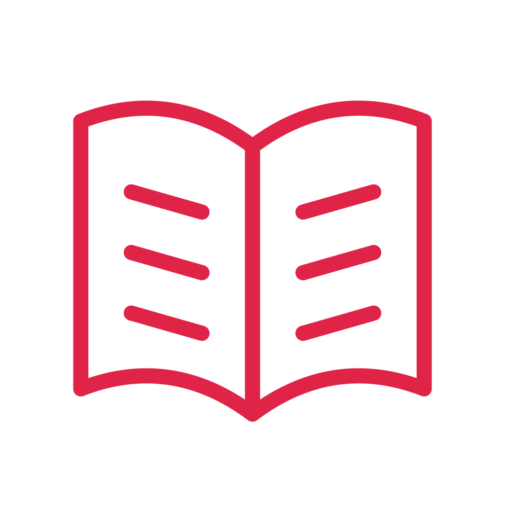 An open book has two curved pages and three short lines on each side.