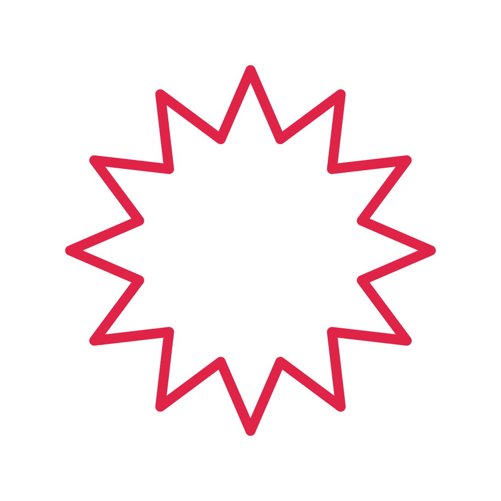 A outline radial badge has 12 evenly spaced outward points.
