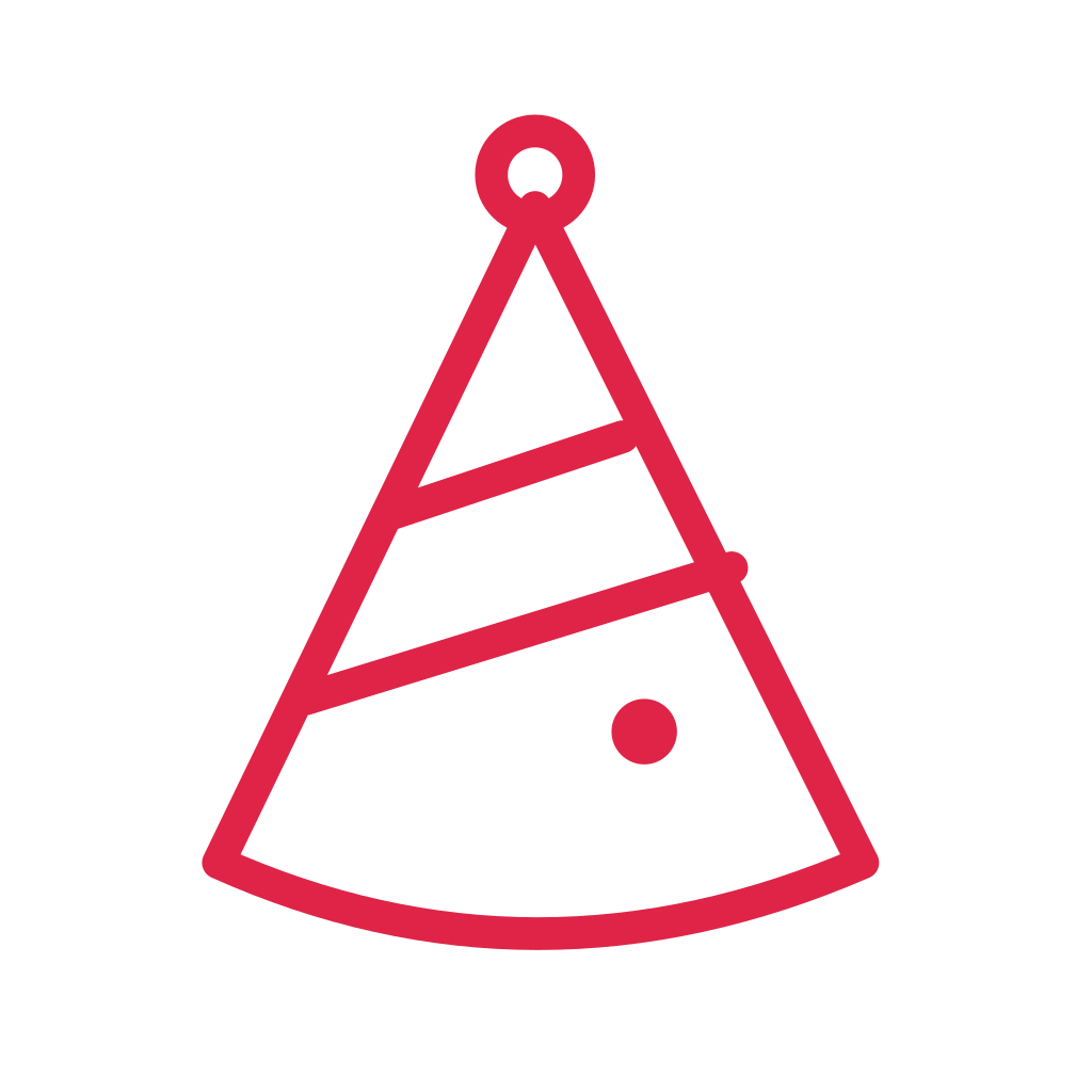 A pointed party hat has angled stripes, a round pompom and a curved brim.