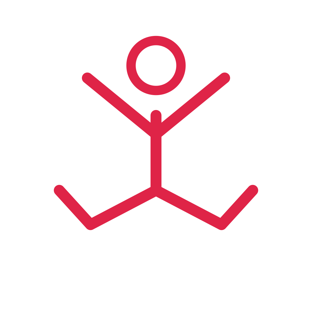 A simple faceless line figure is shown jumping, with a circular head and clearly separated limbs.