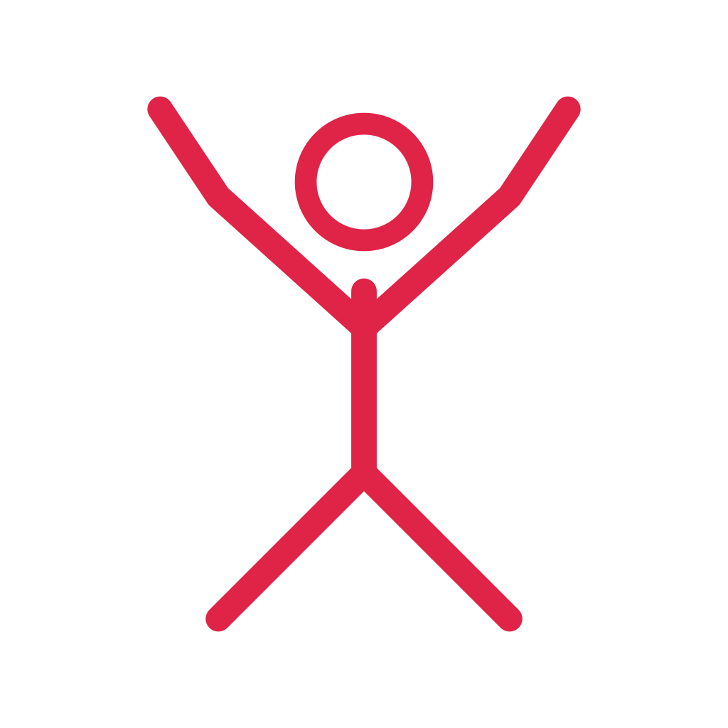 A simple faceless line figure is shown stretching, with a circular head and clearly separated limbs.