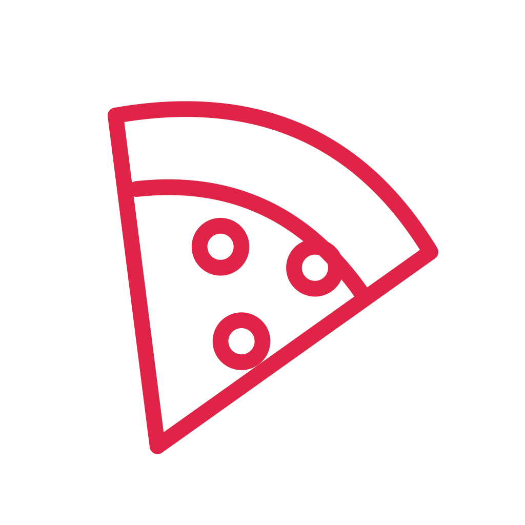 A triangular pizza slice has a curved crust and three circular toppings.