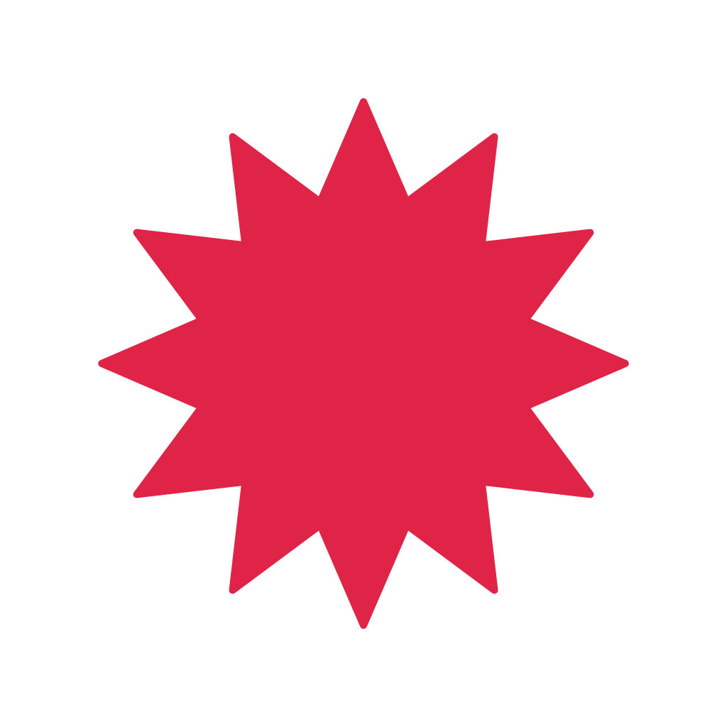 A sharp radial badge has 12 evenly spaced outward points.
