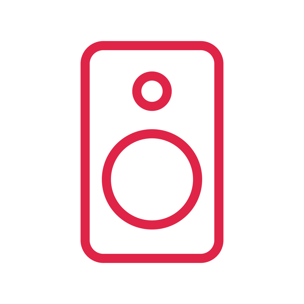 A tall speaker cabinet contains one large circular driver and a smaller tweeter.
