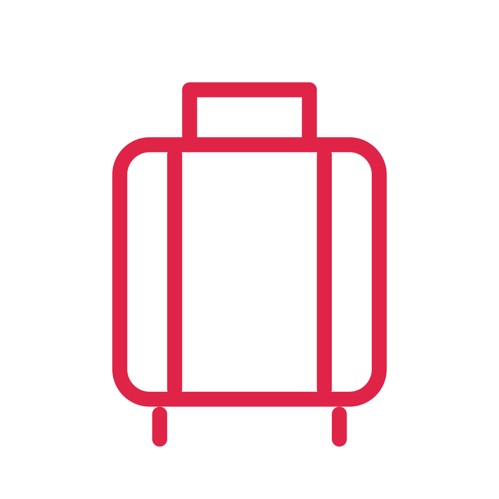 A standing suitcase has a rectangular handle, twin straps and two small feet.