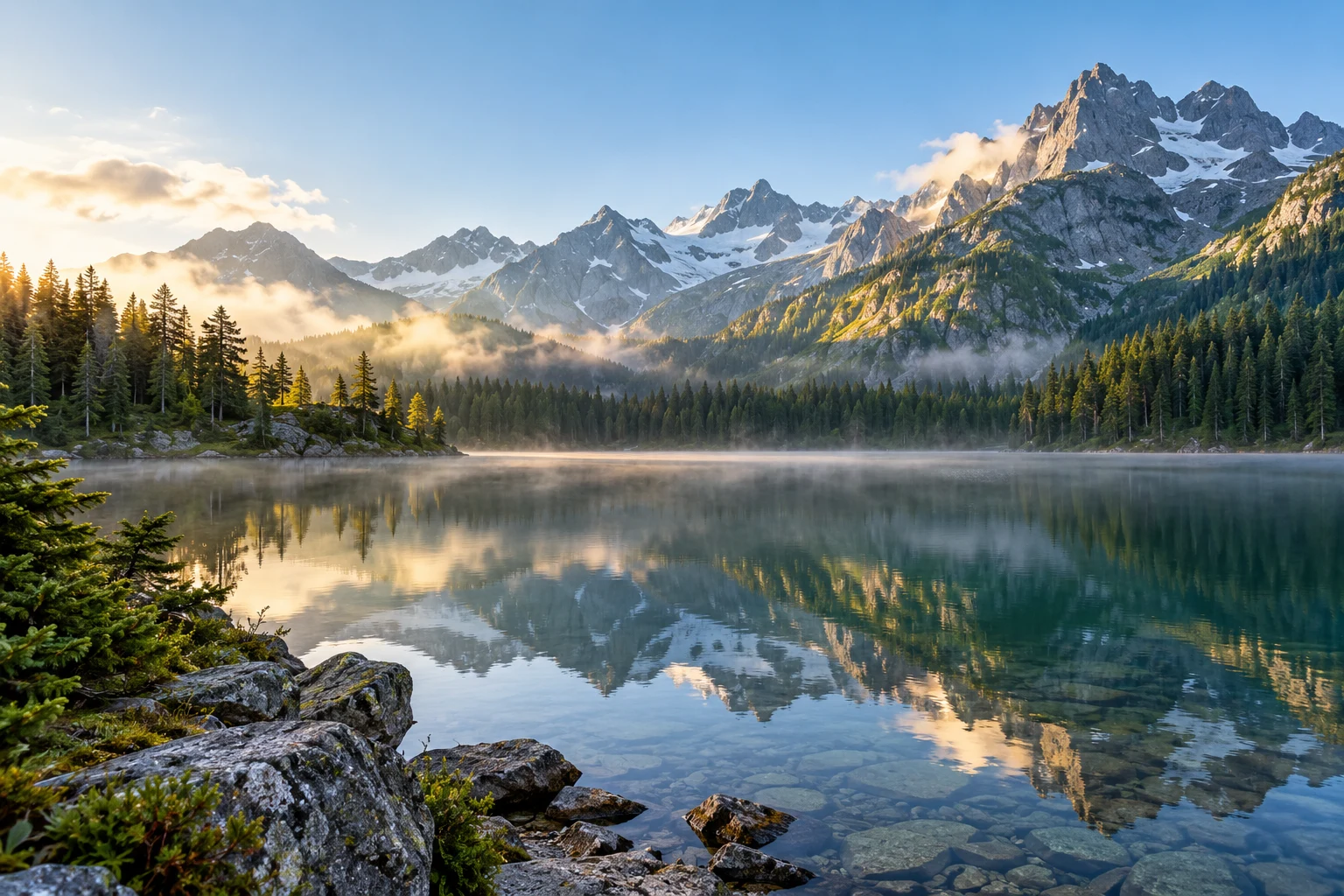 Mountain peaks and trees reflected in a calm alpine lake in warm morning light.
