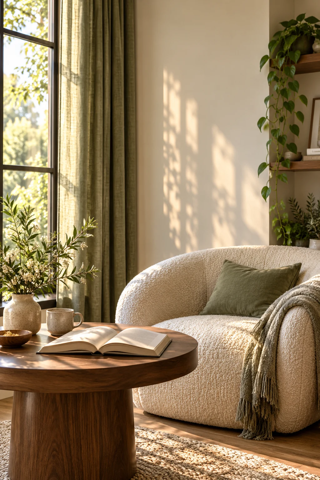 An open book on a round wooden table beside a cream armchair and a sunlit window.